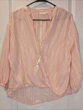 Lou & Grey LOFT Gauze Blouse Womens Medium Boho Stripe Tassel Tie Front Top.